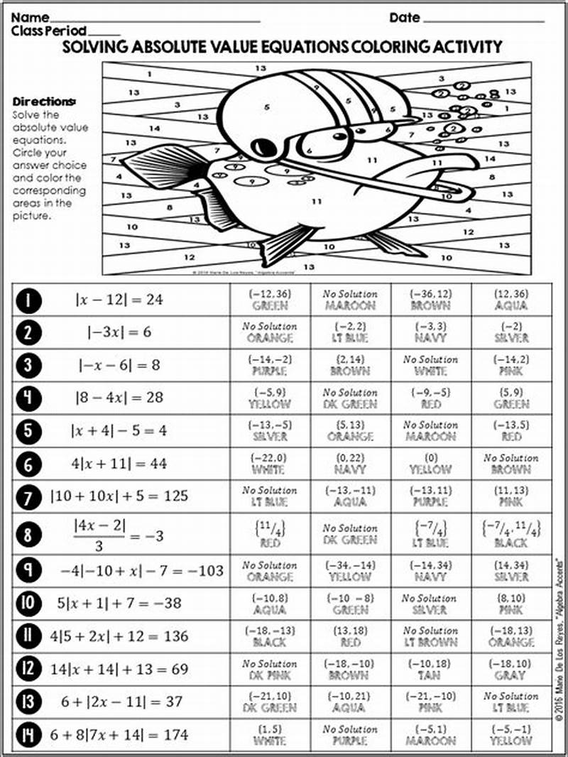 Solving Absolute Value Equations Coloring Activity Fish Answers