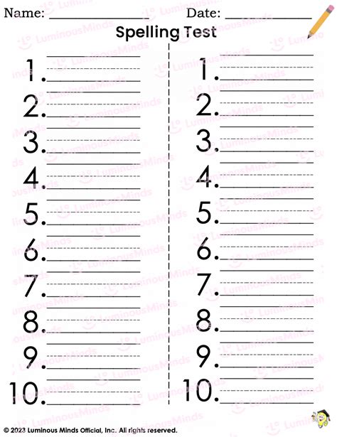 Spelling Test Paper Printable