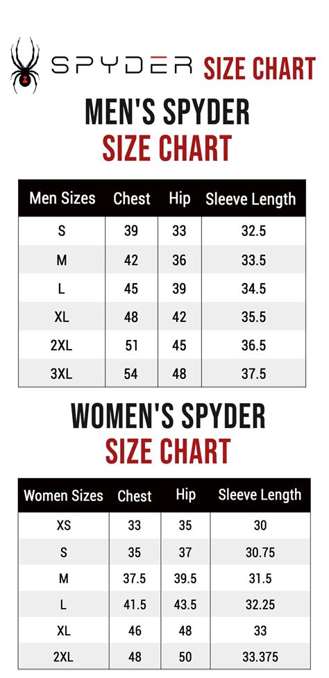 Spyder Coat Size Chart