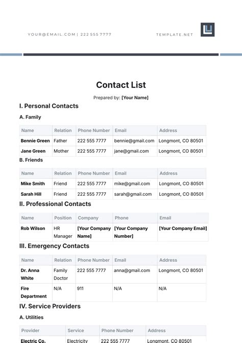 Staff Contact List Template