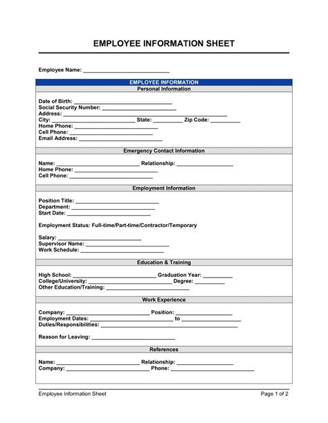 Staff Information Sheet Template