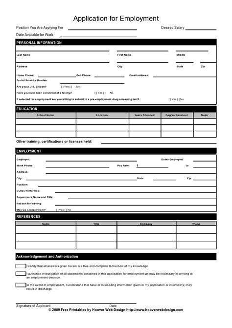 Standard Application For Employment Template