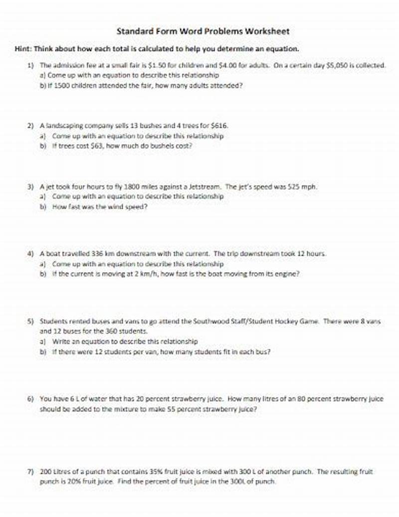 Standard Form Word Problems Worksheet With Answers