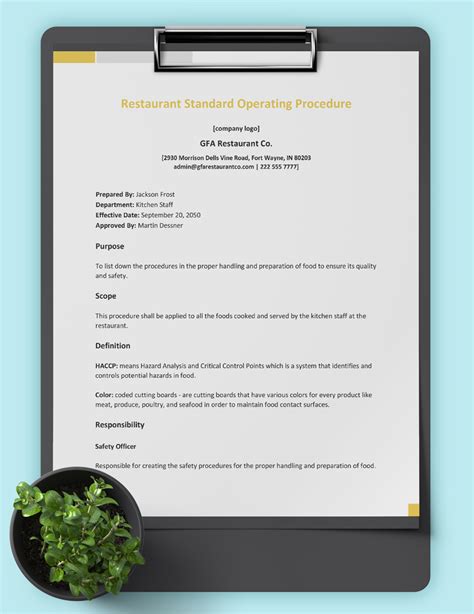 Standard Operating Procedure Template For Restaurant
