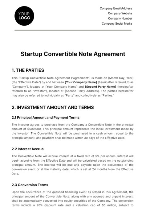 Startup Convertible Note Template