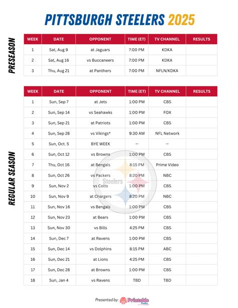 Steelers Schedule Printable