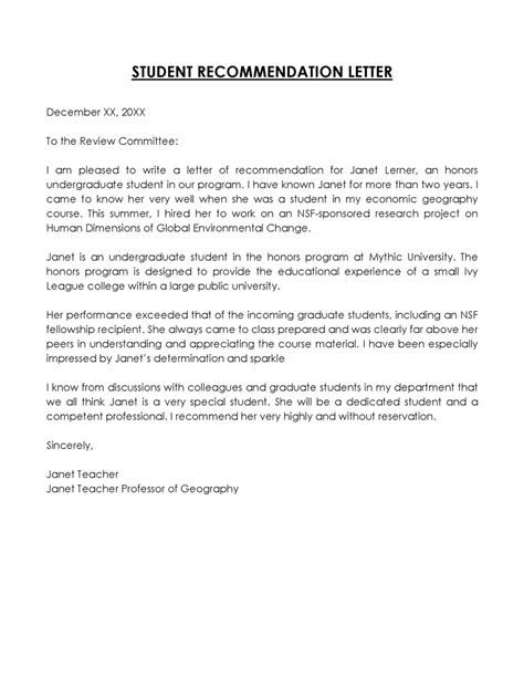 Student Reference Letter Template