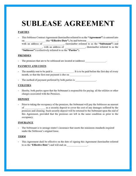 Sublease Agreement Free Template