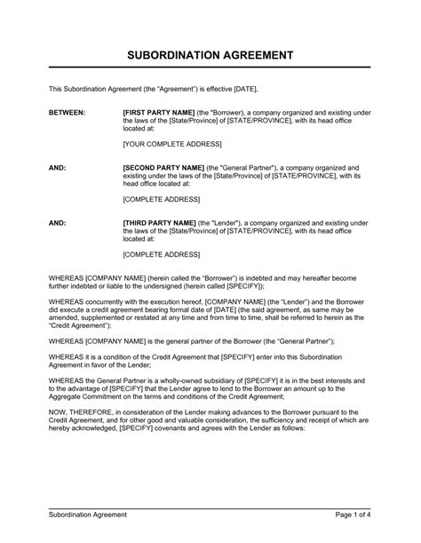 Subordination Agreement Template