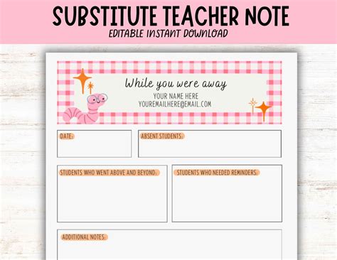 Substitute Teacher Notes Template Free
