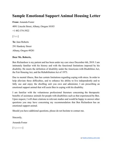 Support Animal Letter Template