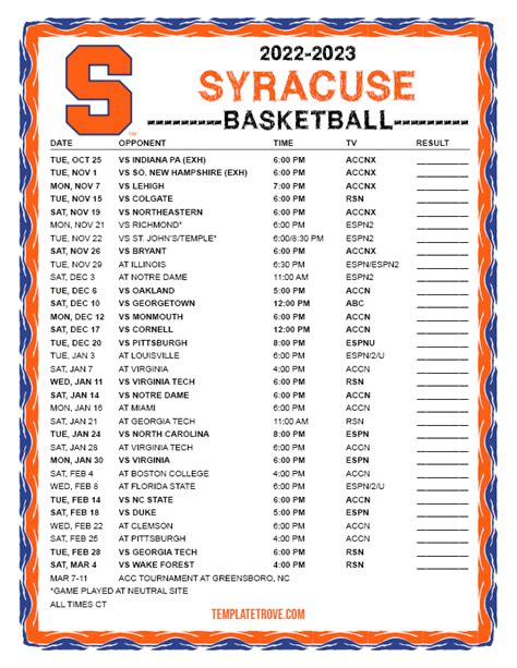 Syracuse Mens Basketball Printable Schedule