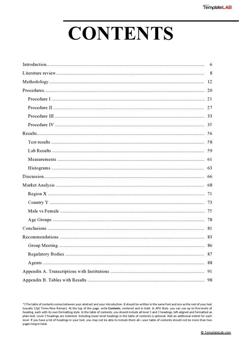 Table Of Contents Word Template Free Download