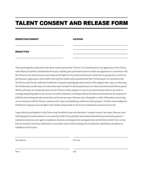 Talent Release Form Template Free