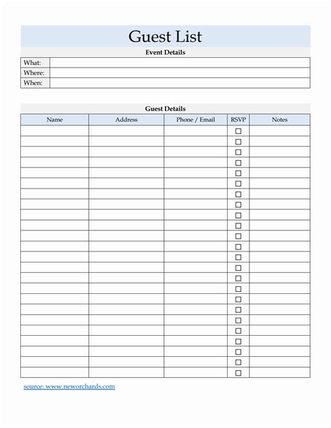 Template For Guest List
