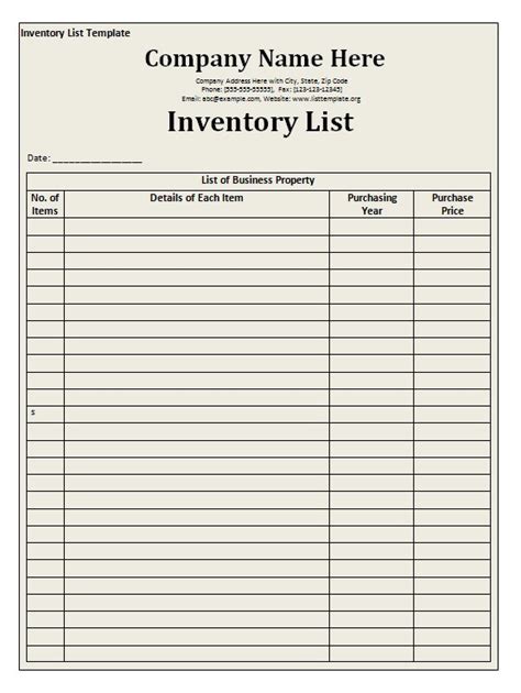 Template For Inventory List