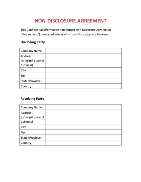 Template For Non Disclosure Agreement