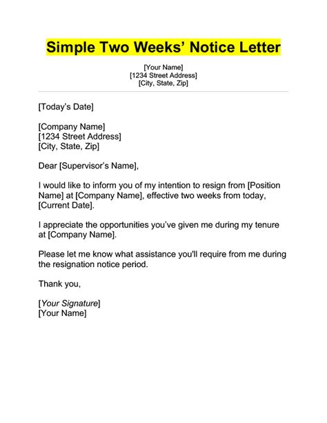Template For Two Weeks Notice