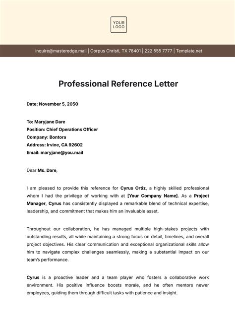 Template Professional Reference Letter
