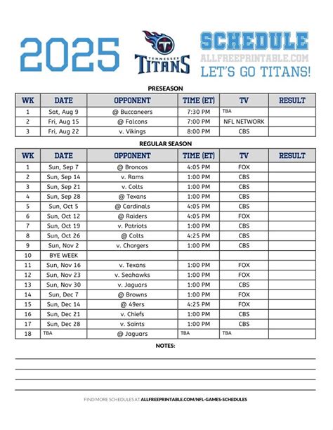 Tennessee Titans Printable Schedule