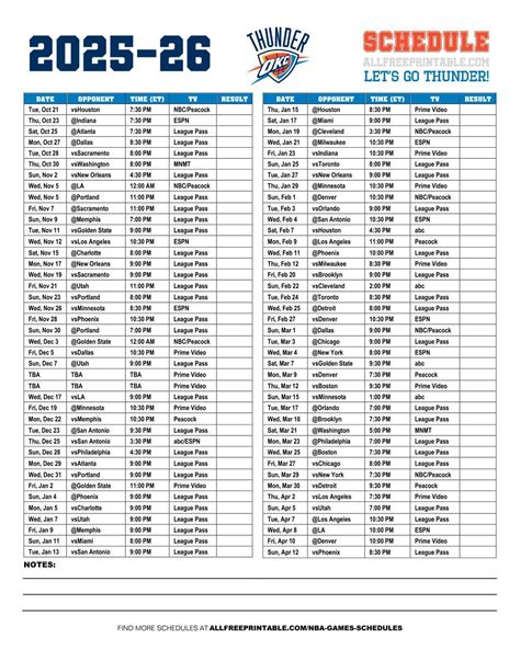 Thunder Printable Schedule