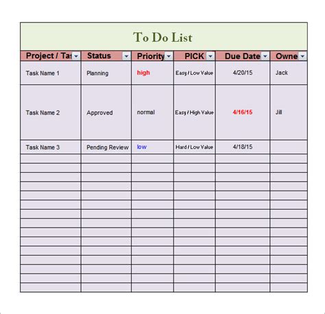 To Do List Template Excel Free Download