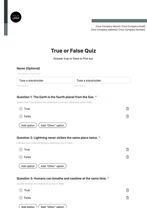 True False Quiz Template
