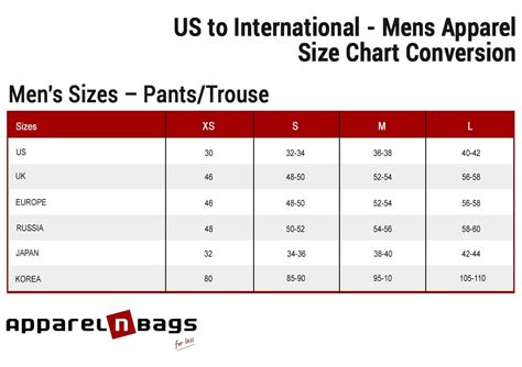 Uk Us Size Chart Pants