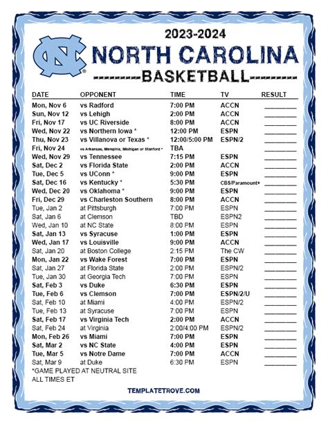 Unc Basketball Printable Schedule