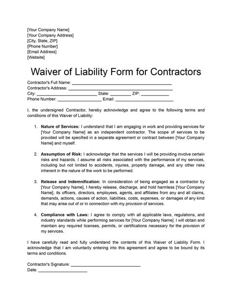 Uninsured Contractor Waiver Form Template