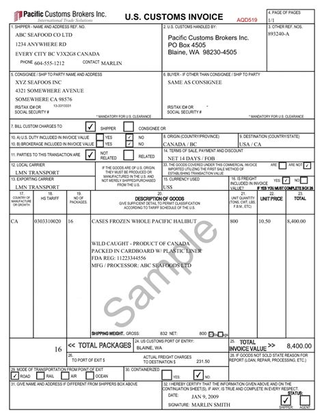 Us Customs Commercial Invoice Template