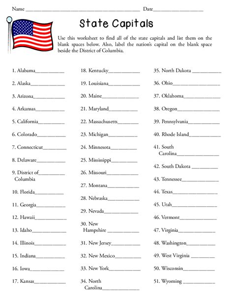 Us States And Capitals Printable Worksheets