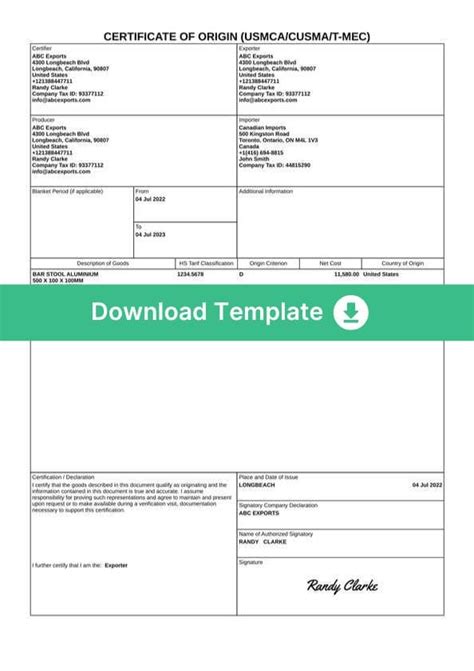 Usmca Certificate Template