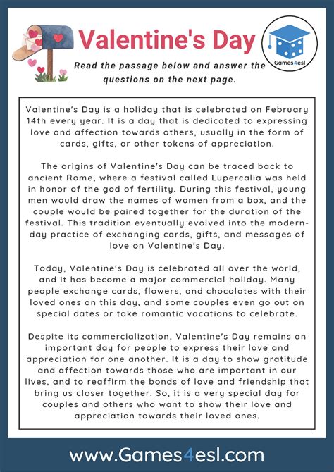 Valentine's Day Reading Comprehension Free Printable