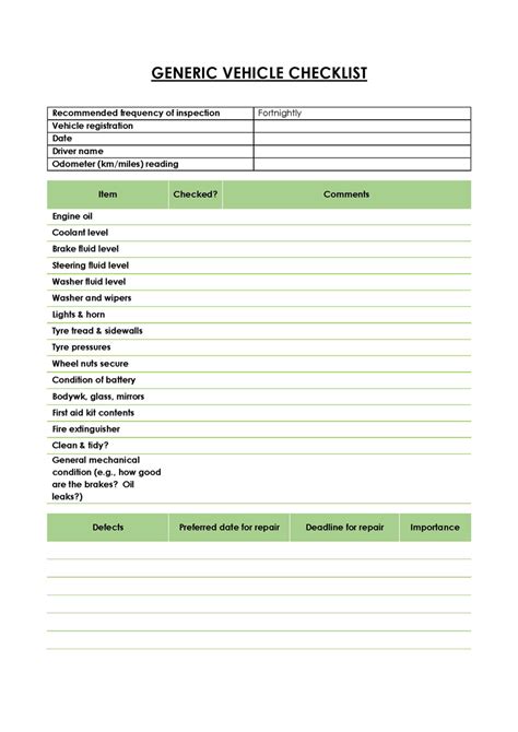 Vehicle Checklist Template Word