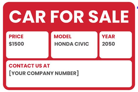 Vehicle For Sale Sign Template
