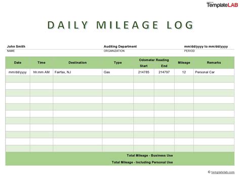 Vehicle Mileage Log Template
