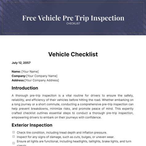 Vehicle Pre Trip Inspection Checklist Template