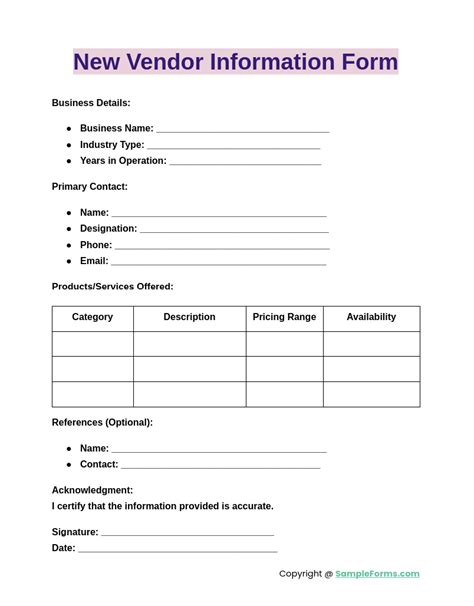 Vendor Information Form Template