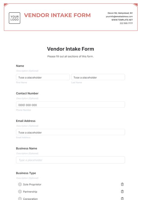 Vendor Intake Form Template