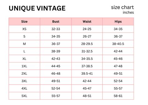 Vintage Size Chart