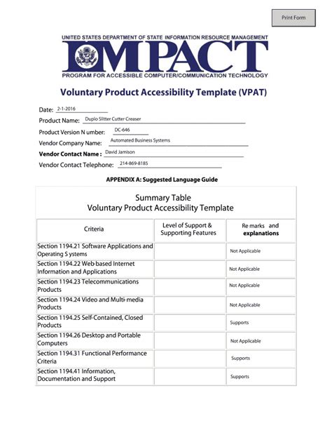 Voluntary Product Accessibility Template Example