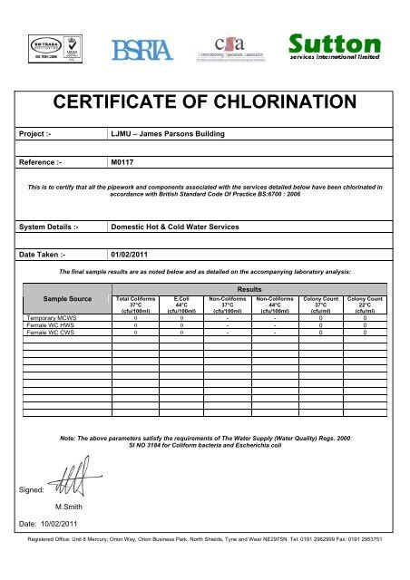 WATERSAFE HYGIENE LTD (Pipework Chlorination Certificates)