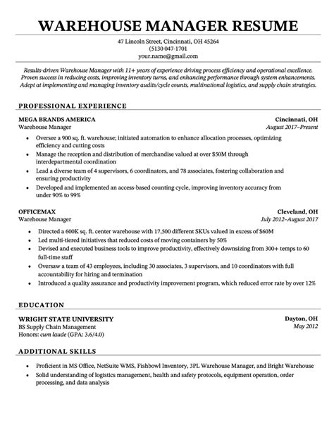 Warehouse Manager Resume Template