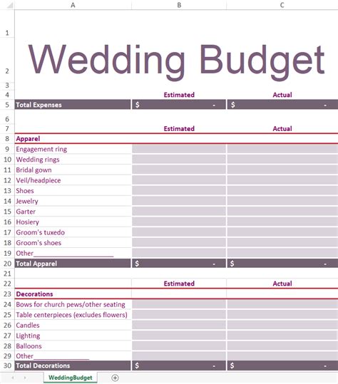 Wedding Budget Template Excel Free
