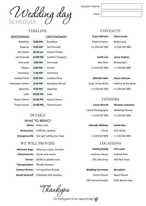 Wedding Day Template Schedule