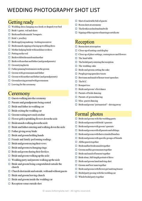 Wedding Photographer Shot List Template