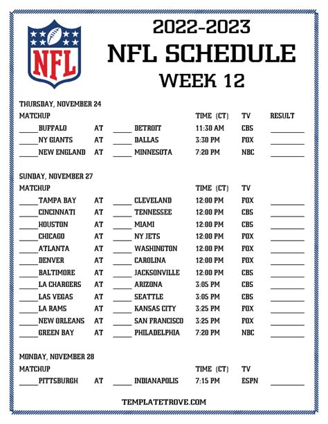 Week 12 Printable Nfl Schedule
