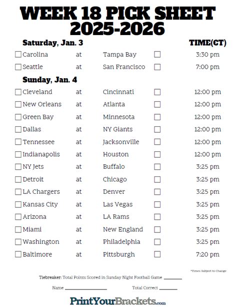 Week 18 Nfl Schedule Printable