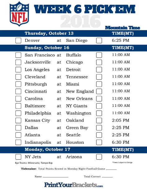 Week 6 Nfl Schedule Printable